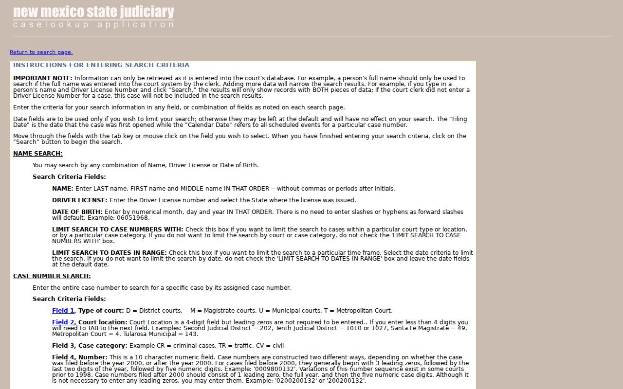 Rio Arriba County case search instructions for name, number, date, and category fields