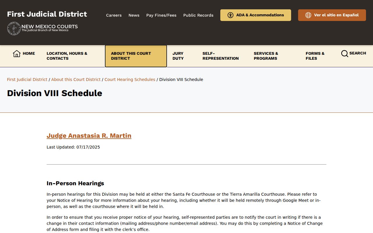 Rio Arriba County civil docket Division VIII calendar instructions
