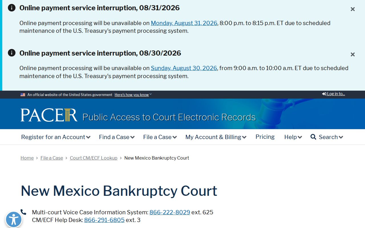 Rio Arriba County court records research showing the New Mexico bankruptcy PACER access page