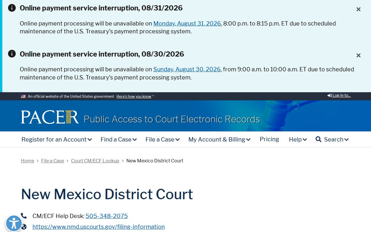 Rio Arriba County court records research showing the District of New Mexico PACER access page
